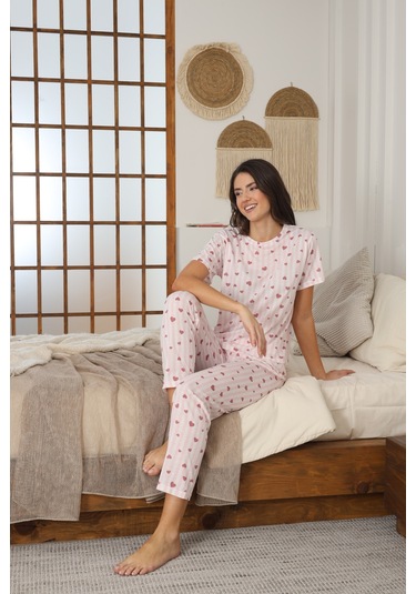 Kadın Yazlık Kısa Kol Penye Süprem Kumaş Pijama Takımı Pembe Kalpli