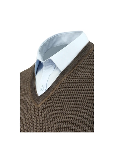 Çizgi Triko Erkek V Yaka Süveter Çelik Örgü Regular Kalıp 5208h Bgl-st04960 Vizon