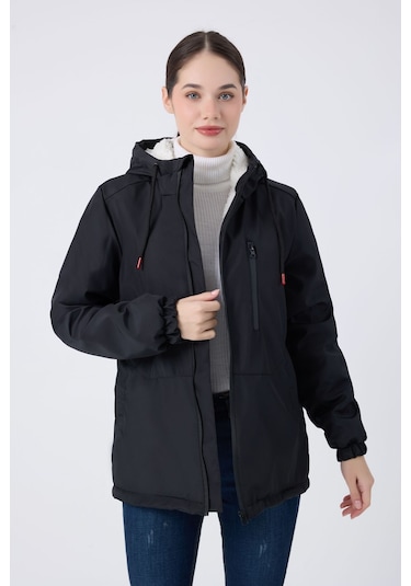 Kadın Siyah İçi Kürklü Su Ve Rüzgar Geçirmez Kapüşonlu Kışlık Mont & Kaban & Parka Siyah