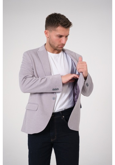 Bonesti Erkek Slim Fit Blazer Ceket Gri Gri Beyaz Noktalı