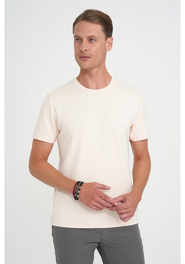 Comfort Fit Bisiklet Yaka Esnek Pamuk Casual Krem Tişört Ts 885 Krem