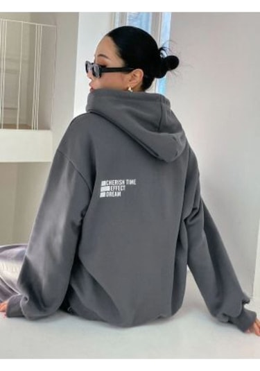Clayes Effect Sweatshirt - Füme Baskılı Oversize Kapüşonlu Gri
