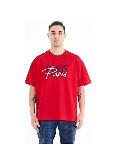 Tommy Life Kırmızı Yazı Nakışlı O Yaka Oversize Erkek T-shirt - 88223 001