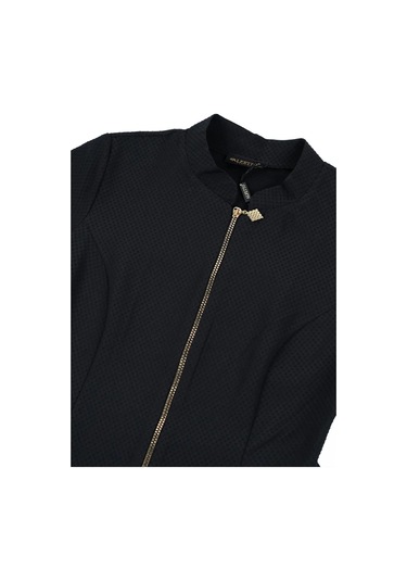 Kadın Siyah Nokta Kabartmalı Altın Fermuarlı Uzun Kollu Elbise Siyah