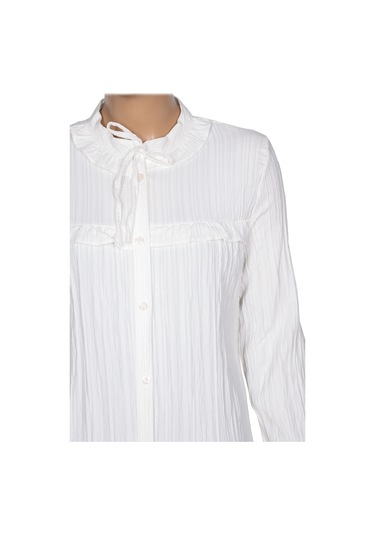 Hazel Kadın Yaka Roba Fırfırlı Kırışık Pamuk Keten Kırık Beyaz Gömlek Kırık Beyaz