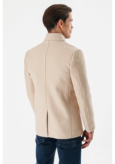 Açık Bej Kaşe Dik Yaka Astarlı Slim Fit Dar Kesim Casual Mont 1007235170-Açık Bej