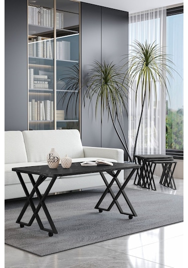 Milano Tekerlekli Orta Sehpa Siyah Metal - Siyah Mermer Tabla