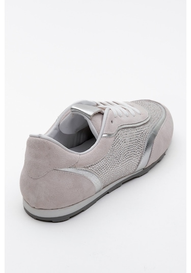 Bonia Beyaz Süet Gümüş Taşlı Hakiki Deri Kadın Spor Ayakkabı Beyaz