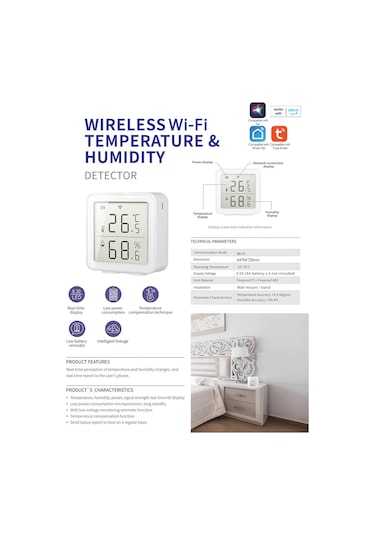 Konesam Beyaz Wifi Akıllı Sıcaklık Ve Nem Sensörü - Uzak Takip, Anormal Veri Uyarıları, Alexa/siri Uyumlu, Ultra Düşük Enerji Tüketimi Pil Dahil Değil