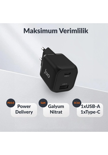 Juo 35W GaN USB-C + USB-A Şarj Aleti iPhone & iPad & Samsung PPS Uyumlu PD QC4.0 Type-C Hızlı Şarj Cihazı Siyah
