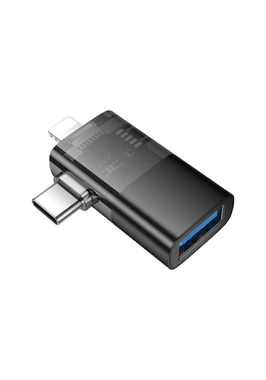 Hoco. Ua36e 2in1 Tak Çalıştır Lightning Ve Type-c To Usb 3.0 Dönüştürücü - Siyah