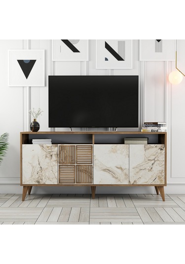 Milan 160cm Konsol - Ceviz / Beyaz Mermer