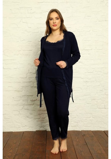 Sabahlıklı Dantel Detaylı Pegasus Kadın Pijama Takımı-çeyizlik Takım- Geniş Beden Aralığı Lacivert