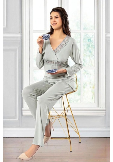 Faal 8614 Kadın Uzun Kollu Dantel Detaylı V Yaka Pijama Takımı-gri Gri