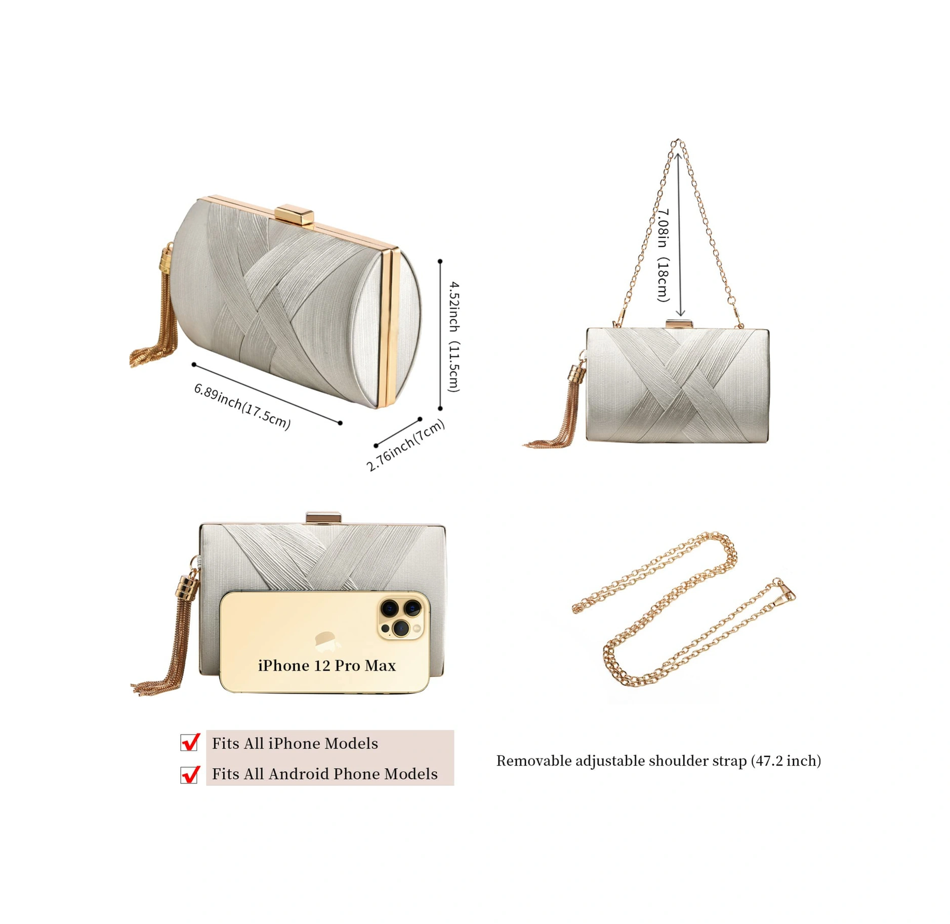 Yuntech01 Renkli İmitasyon İpek Askılı El Çantası - Metal Kanca Kapatma, 17.5x7x11.5cm, 0.41kg, 2 Metal Zincir Uzun & Kısa Çok Renkli