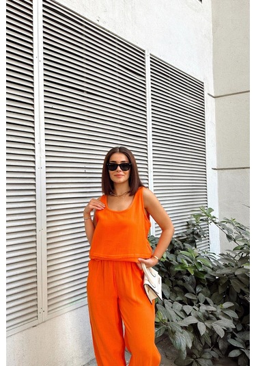 Turuncu İthal Müslin Kumaş, Basic, Katlı, Salaş Askılı Bluz & Atlet Turuncu