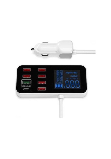 Novahub 8 Portlu Usb Araç Şarj Cihazı, A9s Model, 12-24v Giriş, 40w Güç, Lcd Ekranlı, Beyaz/siyah, 156g