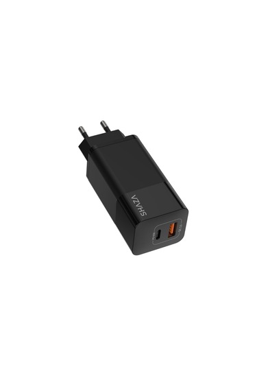 Shaza Çift Çıkışlı Usb Qc3.0& Type-c Pd Gan 45w Şarj Adaptörü Siyah