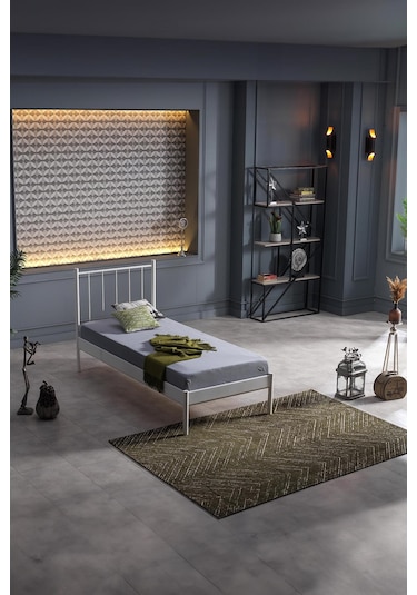 Falez-st Tek Kişilik Metal Karyola-beyaz Yüksek Başlıklı Ahşap Latalı