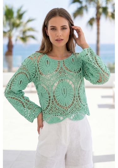 Sayzen Your Shine Dantel Işleme Crop Bluz Sy-shn2610 Mint Yeşili