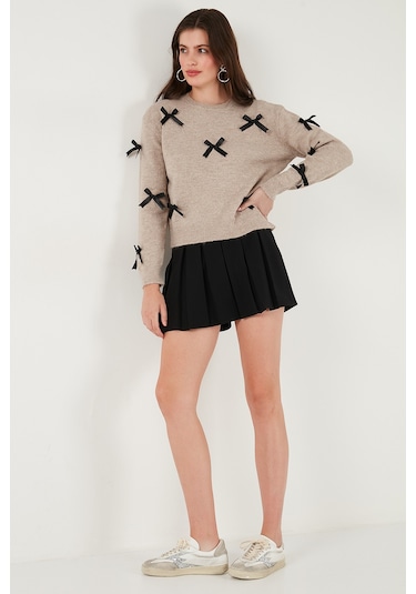 Lela Premium Regular Fit Bisiklet Yaka Fiyonk Detaylı Triko Bayan Kazak 680Kz00155 Vizon