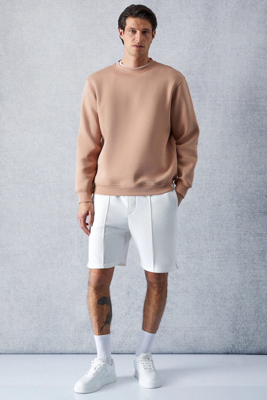 Grımelange Travıs Erkek Organik Kumaşlı Yumuşacık Regular Fit Yuvarlak Yakalı Bej Sweatshirt Bej