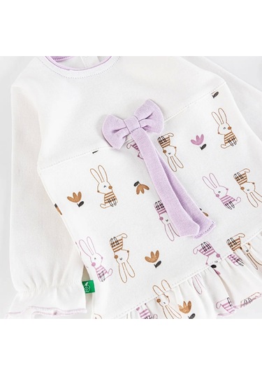 Tavşan Detaylı Fiyonklu 5 Parça %100 Pamuk Kız Bebek Hastane Çıkışı Lila