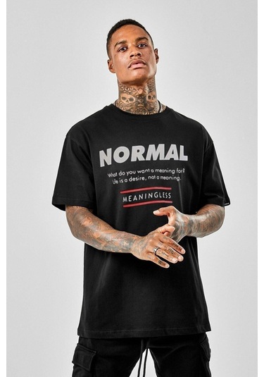 Erkek Siyah Oversize Normal Baskılı T-shirt Siyah-66520