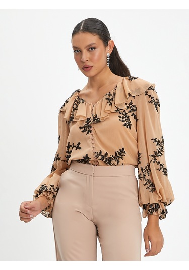 Kadın Fırfırlı Çiçek Desenli Gömlek - Volanlı Kol Ve V Yaka Detaylı Siyah-bej