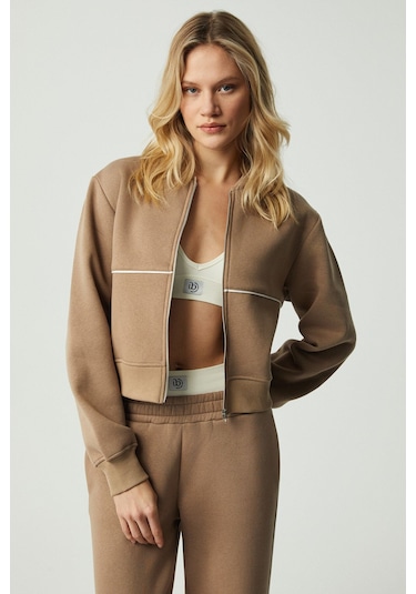 GRIMELANGE Anyul Kadın Relaxed Bomber Yaka Vizon Sweatshirt Vizon