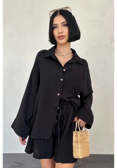 Siyah Gömlek Ve Müslin Şort Takım Siyah