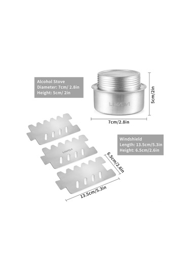 Jeemson Kamp Ve Bisiklet Turları İçin 100ml Alüminyum Alkol Ocası + 3 Parça Paslanmaz Çelik Rüzgar Engelleyici Beyaz Kutulu Gümüş