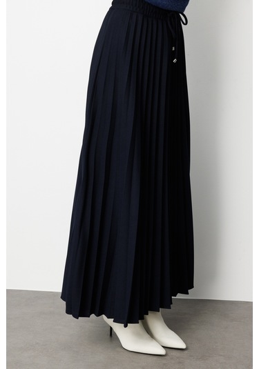 Mizalle Örme Krep Piliseli Maksi Lacivert Etek Lacivert