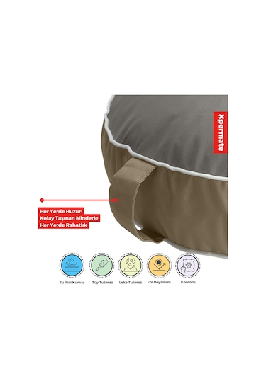 Xpermate Fermuarlı Yıkanabilir Puf Minder Yer Minderi Yuvarlak Gri Bej