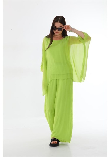 İtalyan Yarasa Kol İpek Bluz-8869 Fıstık Yeşili