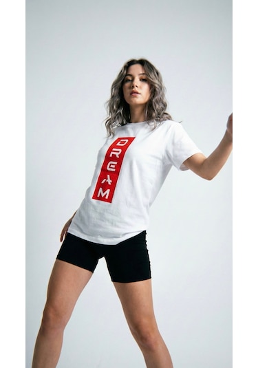 Unisex Düz Renk Dream Dijital Baskılı Bisiklet Yaka Basic Tişört Beyaz