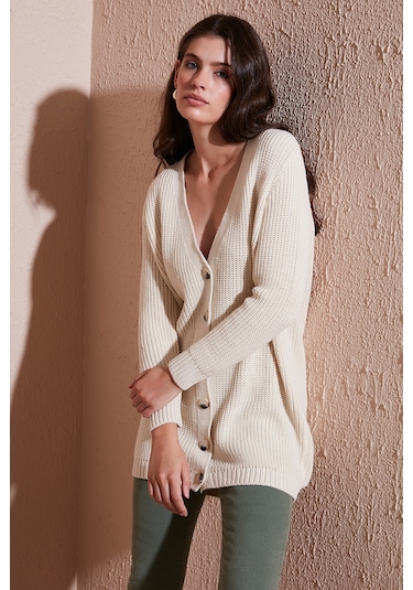 Lela Regular Fit V Yaka Düğmeli Triko Örme Uzun Bayan Hırka 4615044 Taş
