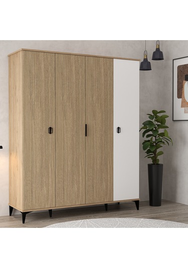 6404 Neva 4 Kapılı 200 Cm Gizli Çekmeceli Gardırop , Elbise Dolabı , Genç Odası Sepet - Beyaz