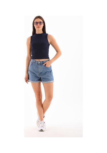 Kadın Likralı Kolsuz Crop Bluz Lacivert