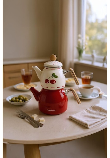 Bambum Unique - Bambu Kulplu Emaye Çaydanlık Takımı Cherry