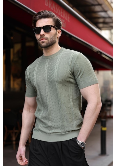 Haki Bisiklet Yaka Slim Fit Triko Erkek Tişört E7466