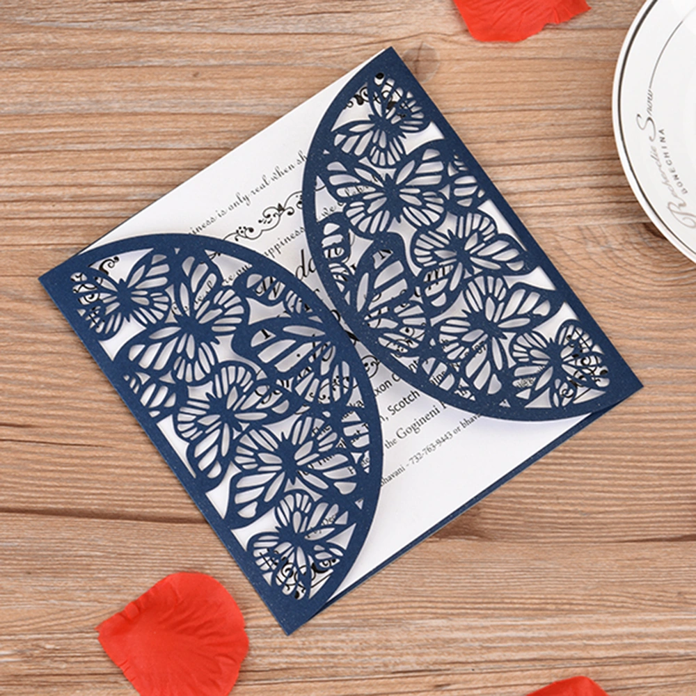 Dianziye 10'lu Deniz Mavisi Davetiye Seti - Zırhlı Kapak + İç Kart, Gelinlik-düğün-doğum Günü, Nakışlı Desenli, İnci Kağıt, Özel Etkili Davetler