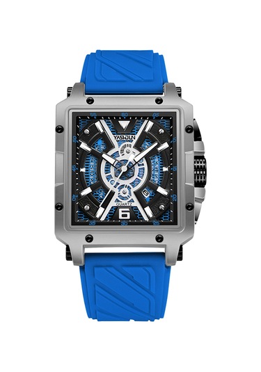 Yashıdun 5071 Şık Kare Kuvars İzle Silikon Kayış Erkekler Aydınlık Bilek Saati - Gümüş Kadran / Mavi Kayış