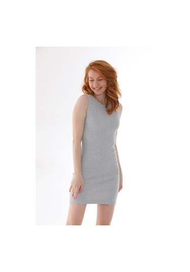 Kallima Gri Kolsuz Diz Üstü Mini Fitilli Esnek Örme Kalem Elbise Gri