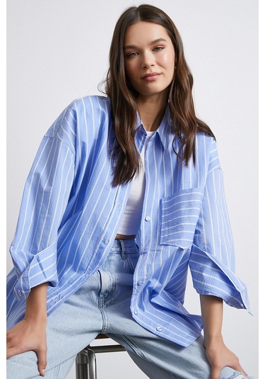 Basic Organik Pamuk Çizgili Gömlek Mavi Mavi