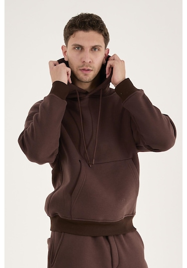 Rocqerx Q-1001 Q-4008 Kapüşonlu Sweat Bel Lastikli Pantolon Üç İplik Şardonlu Takım Kahverengi