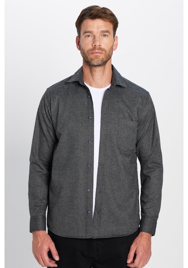 Erkek Regular Fit Klasik Kesim Pamuklu Tek Cepli Armürlü Kışlık Oduncu Siyah Gömlek-28599 Siyah