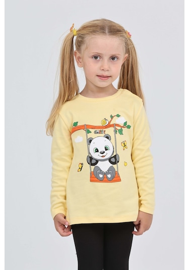 Toontoy Kız Çocuk Sallanan Panda Baskılı Sweatshirt Açık Sarı