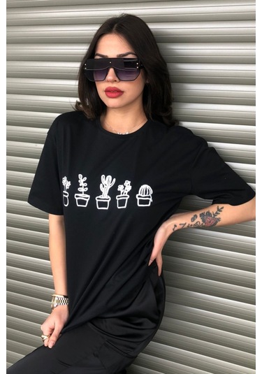 Modagen Kaktüs Baskılı Siyah Kadın Oversize T-shirt K Siyah