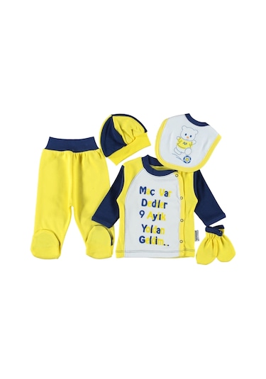 Taraftar Nakışlı 5'li Zıbın Seti Hastana Çıkış Seti Kutulu Fb Lacivert - Sarı